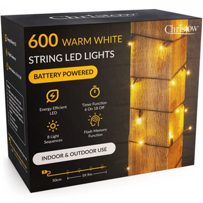 Christow Christmas Indoor/outdoor Battery Led String Lights Green Cable Warm White - 600 - image 1