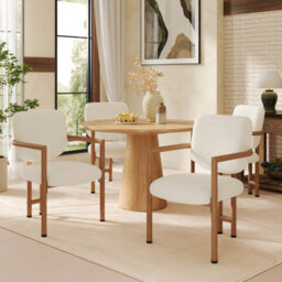Btm Set Of 4 Metal Dining Chairs, Boucle Seat, Natural Wood Finish, Kitchen And Restaurant