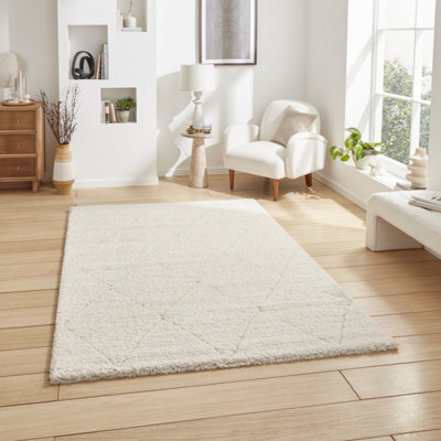 Cream White Geometric 30mm Thick Shaggy Rug, Stain-Resistant Modern Rug For Bedroom, Living, Dining Room-120Cm X 170Cm