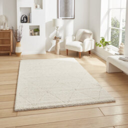 Cream White Geometric 30mm Thick Shaggy Rug, Stain-Resistant Modern Rug For Bedroom, Living, Dining Room-120Cm X 170Cm - thumbnail 1