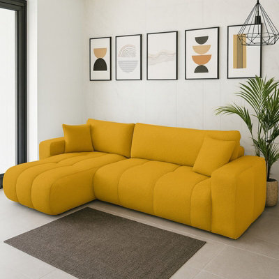 Furyn Velvet Fabric Corner Sofa Bed With Storage Universal Side Mustard - image 1