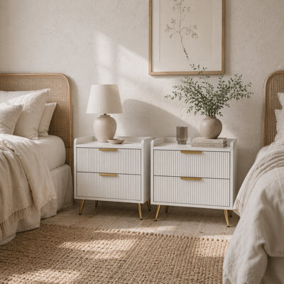 Wyld Haus Conola Yone Set Of 2 White 2-Drawer Bedside Tables With Ridged Fronts And Gold Handles - image 1