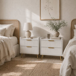 Wyld Haus Conola Yone Set Of 2 White 2-Drawer Bedside Tables With Ridged Fronts And Gold Handles