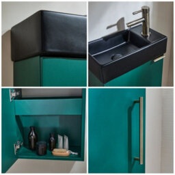Homestylestore 400mm Dark Green Wall Hung Bathroom Vanity Unit Black Basin And Aged Gold T Bar Handle - thumbnail 2