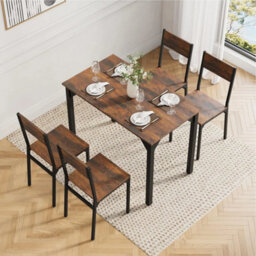 Brown 5 Piece Dining Table And Chairs Set Wooden Space Saving With Metal Frame Kitchen - thumbnail 4