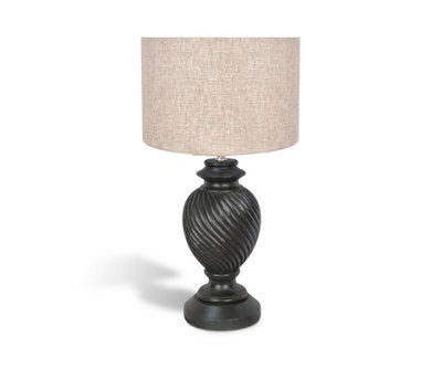 Solid Wood Table Lamp With Fabric Shade Black Finish Carved Spiral Base For Living Room Or Bedroom - image 1