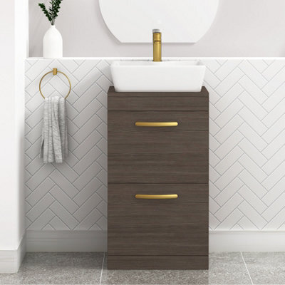Royal Bathrooms 500mm Floor Standing Vanity Unit 2 Drawer Grey Elm & Countertop Basin - Cube With Brushed Brass Handle - image 1