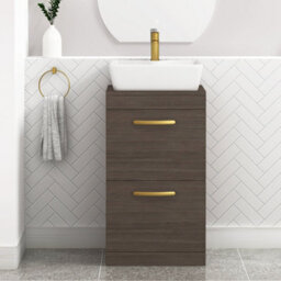 Royal Bathrooms 500mm Floor Standing Vanity Unit 2 Drawer Grey Elm & Countertop Basin - Cube With Brushed Brass Handle - thumbnail 1