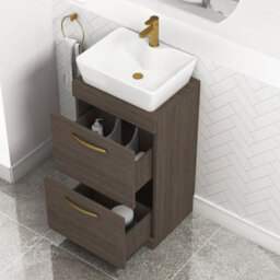 Royal Bathrooms 500mm Floor Standing Vanity Unit 2 Drawer Grey Elm & Countertop Basin - Cube With Brushed Brass Handle - thumbnail 3