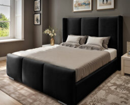 UKBEDFURNITURE Miami Wingback Black Plush Valvet Upholstered Bed Frame Only - Slatted Base - 48 Inch Headboard - thumbnail 1