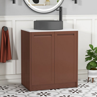 Royal Bathrooms Royal Bathroom Elmore 700mm Terracotta Clay Freestanding Bathroom Vanity Unit 2 Door Plain White Worktop With Art Round Basin - image 1