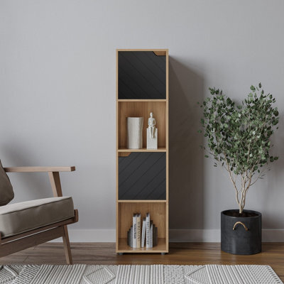Urbn-Living Urbnliving 119Cm Height Oak Wooden Cube Bookcase With Black Line Door Display Shelf Storage Shelving Cupboard - image 1