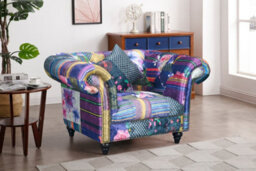 Multicoloured Fabric Patchwork 1 Seater Scroll Arm Chesterfield Sofa - thumbnail 2