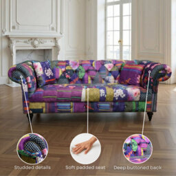 Multicoloured Fabric Patchwork 1 Seater Scroll Arm Chesterfield Sofa - thumbnail 5