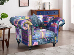 Multicoloured Fabric Patchwork 1 Seater Scroll Arm Chesterfield Sofa - thumbnail 1
