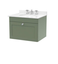 Balterley Swynnerton Traditional 1 Drawer Wall Hung Vanity Unit With Marble Basin, Satin Green, 600mm