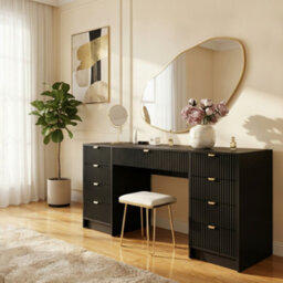 Writing Desk With Fluted Drawers Tireno Bis Black Velvet Laminated Mdf Metal Handles Modern Home Office Study Furniture - thumbnail 1