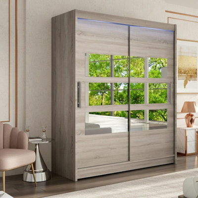 Wardrobe With Sliding And Mirrored Door Westa Vii 150 Truffle Led Lights Rgb - image 1