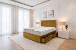"Knight Sleep Emily Plush Bed Set With Mattress, 4 Drawers Same Side & 24""headboard, Mustard Plush, 5Ft - King Size"