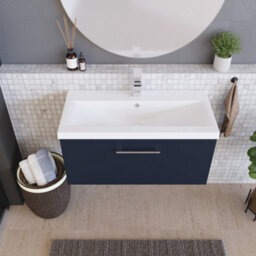 Balterley Contemporary Bathroom Wall Hung 1 Soft-Close Drawer Vanity Unit & Mid-Edge Ceramic Basin, Midnight Blue, 800 mm - thumbnail 3
