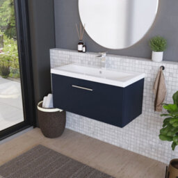 Balterley Contemporary Bathroom Wall Hung 1 Soft-Close Drawer Vanity Unit & Mid-Edge Ceramic Basin, Midnight Blue, 800 mm - thumbnail 4