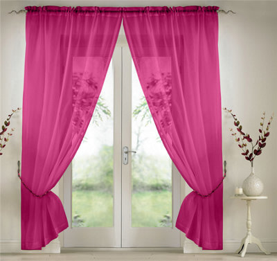 Luxury Living Elegant Plain Voile Curtain Panels Pair With Free Tie Backs Cerise - image 1