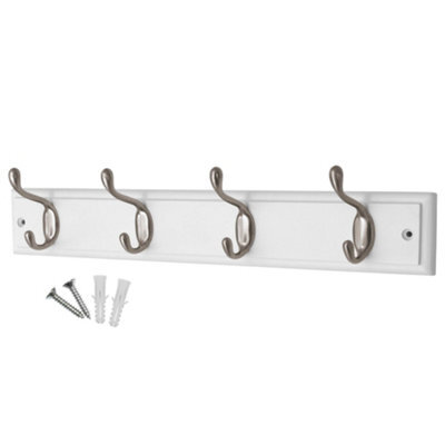 Keypak 4-Hook Wall-Mounted Coat Rack, 45Cm - White Wooden Board, Satin Nickel Coat Hooks - Fixings Included - image 1