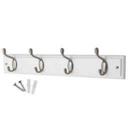 Keypak 4-Hook Wall-Mounted Coat Rack, 45Cm - White Wooden Board, Satin Nickel Coat Hooks - Fixings Included