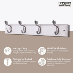 Keypak 4-Hook Wall-Mounted Coat Rack, 45Cm - White Wooden Board, Satin Nickel Coat Hooks - Fixings Included - thumbnail 2