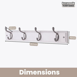 Keypak 4-Hook Wall-Mounted Coat Rack, 45Cm - White Wooden Board, Satin Nickel Coat Hooks - Fixings Included - thumbnail 3