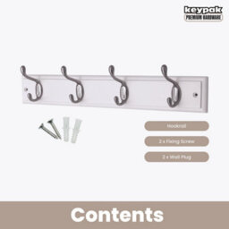 Keypak 4-Hook Wall-Mounted Coat Rack, 45Cm - White Wooden Board, Satin Nickel Coat Hooks - Fixings Included - thumbnail 4