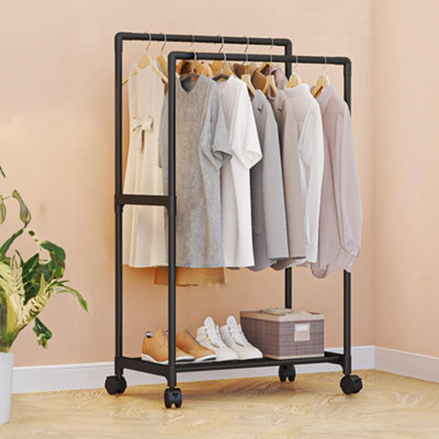 Living And Home Double Rod Heavy Duty Metal Clothes Rack Bedroom Garment Rack Shoes Rack With Wheels Black 115Cm - image 1