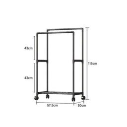Living And Home Double Rod Heavy Duty Metal Clothes Rack Bedroom Garment Rack Shoes Rack With Wheels Black 115Cm - thumbnail 7