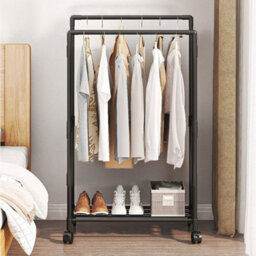Living And Home Double Rod Heavy Duty Metal Clothes Rack Bedroom Garment Rack Shoes Rack With Wheels Black 115Cm - thumbnail 2