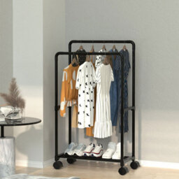 Living And Home Double Rod Heavy Duty Metal Clothes Rack Bedroom Garment Rack Shoes Rack With Wheels Black 115Cm - thumbnail 3