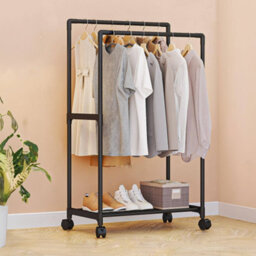 Living And Home Double Rod Heavy Duty Metal Clothes Rack Bedroom Garment Rack Shoes Rack With Wheels Black 115Cm - thumbnail 1