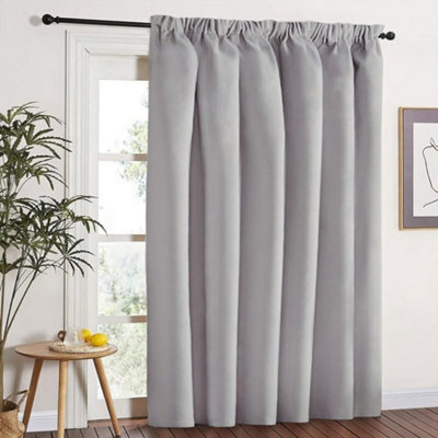 Aspire Homeware Light Grey Plain Blackout Room Darkening Pencil Pleat Door Curtain Single Panel (W) 168Cm X (D)213Cm With Tie Back - image 1