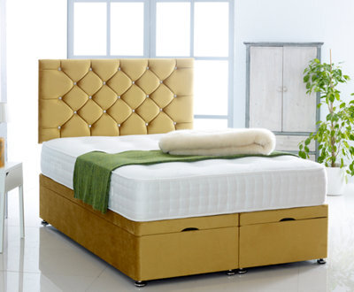 Comfy Deluxe Mustard Plush Foot Lift Ottoman Bed With Memory Spring Mattress And  Studded Headboard 2Ft6 Small Single - image 1