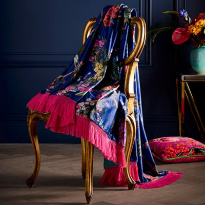 Laurence Llewelyn-Bowen Cotswold Fantasia Soft Touch Floral Print Navy Velvet Throw - image 1