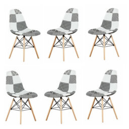 Life Interiors Set Of 6 Black/white Patchwork Modern Dining Chairs With Wooden Legs & Black Metal Wire Frame - thumbnail 1
