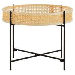 Orsina Natural Rattan Top Coffee Table With Cross Legs, Hand Woven Square Webbed Table, Sleek Wooden Coffee Table