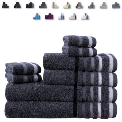 TheWhiteWater Limited 8 Pieces Towel Set With 4 Face Towel 2 Hand Towels And 2 Bath 100% Pure Natural Cotton Bale Set Of Towels - Charcoal (Stripe Borde - image 1