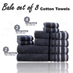 TheWhiteWater Limited 8 Pieces Towel Set With 4 Face Towel 2 Hand Towels And 2 Bath 100% Pure Natural Cotton Bale Set Of Towels - Charcoal (Stripe Borde - thumbnail 5
