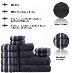 TheWhiteWater Limited 8 Pieces Towel Set With 4 Face Towel 2 Hand Towels And 2 Bath 100% Pure Natural Cotton Bale Set Of Towels - Charcoal (Stripe Borde - thumbnail 3