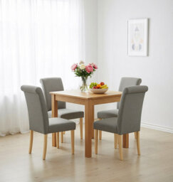 Hallowood Furniture Hereford Oak Small Dining Table With 4 Roll Top Linen Fabric Chairs (Grey)
