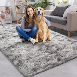 Ameha Non Slip Shaggy Fluffy Area Rug Large Living Room Bedroom Tye Dye Light Grey Carpet, 120X170 Cm - thumbnail 1