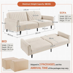 Yaheetech 3 Seater Convertible Sofa Bed - Beige - thumbnail 3