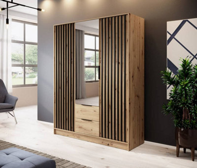 Arte Nelly Contemporary Mirrored Hinged 3 Door Wardrobe Oak Effect 2 Drawers 8 Shelves 1 Rail Lamela Decor (H)2000mm (W)1550mm (D)510mm - image 1