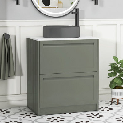 Royal Bathrooms Royal Bathroom Elmore 700mm Matt Green Freestanding Bathroom Vanity Unit 2 Drawer Plain White Worktop With Art Round Basin - image 1