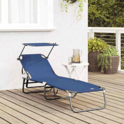 Berkfield Folding Sun Lounger With Canopy Blue 600D Oxford Fabric - thumbnail 3